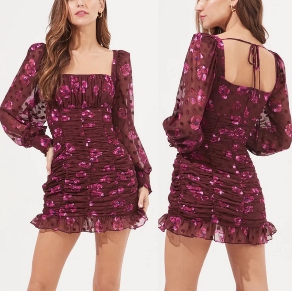 ASTR The Label Rosalee Floral Ruched Burnout Dress Wedding Guest Cocktail Dress - Picture 2 of 12